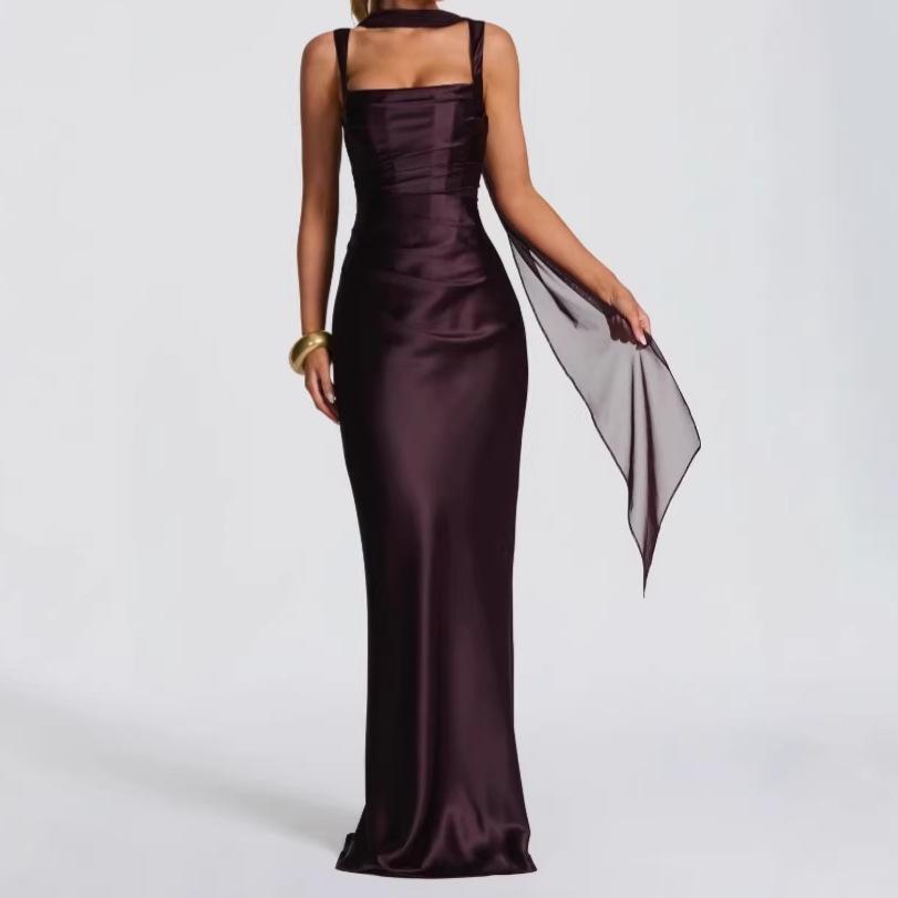 European/American Satin Spaghetti Strap Classic Evening Gown for Women