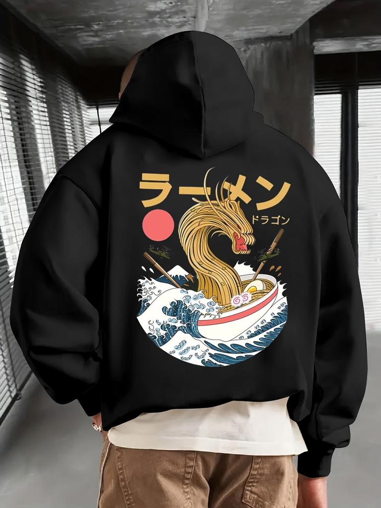 Japanese-style Dragon Print Men's Fleece-lined Hooded Sweatshirt for Autumn/winter; Versatile, Loose, Casual Fit with a Street-gothic Aesthetic.