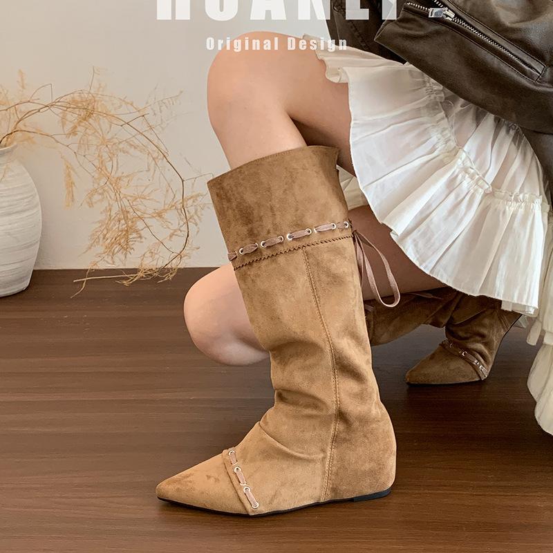 Wasteland Wind Pointed Inner Height Increase Boots Children 2025 New Summer and Autumn Thin Western Cowboy Pile Middle Boots