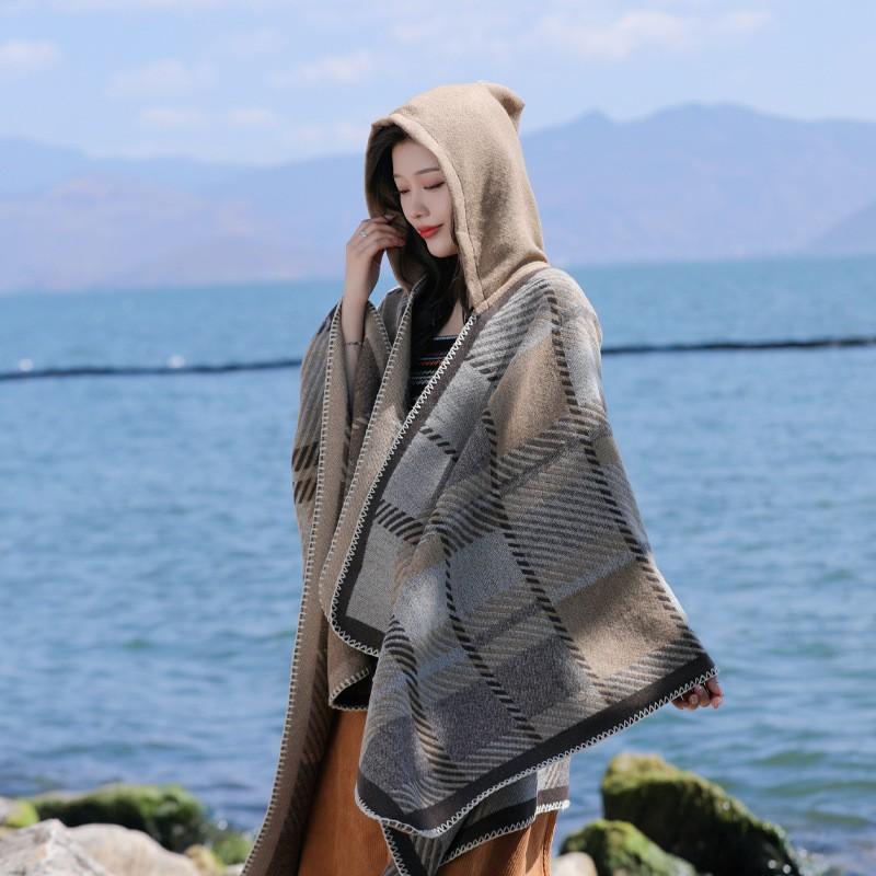 Warm Thick Plaid Hooded Cape Shawl Women Winter Cozy Wrap Scarf Lightweight Blanket Coat