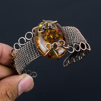 Baltic Amber Gemstone Pure Copper Wire Wrapped Handmade Cuff/ Bangle Jewelry