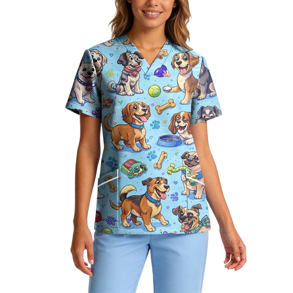 Top de Trabalho Feminino com Gola V de Manga Curta, Stretch e Secagem Rápida, com Estampa Animal e Bolsos
