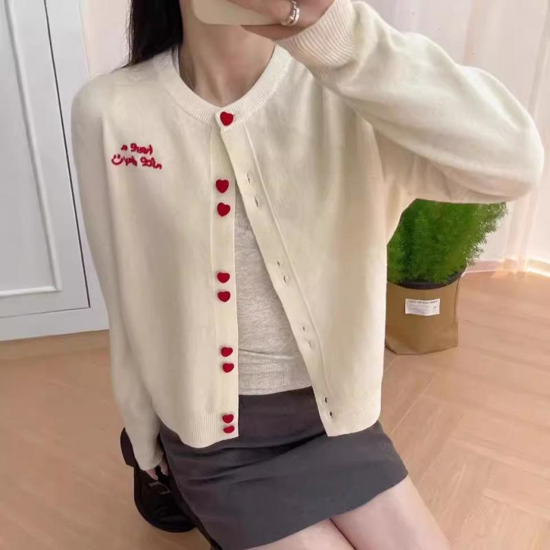 2026 Korean Sweet Knit Cardigan: Heart Button, Round Neck, Embroidered Letters, Women's Autumn/Winter Style