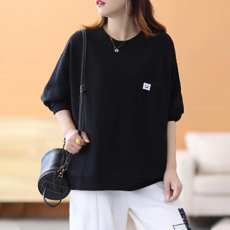 Fashionable and Versatile Women's Pure Cotton Sweatshirt Loose Round Neck Long Sleeve Loose Casual Pocket Top Pullover