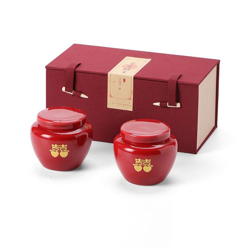Ceramic Red Double Happiness Sealed Tea Candy Dish, Food Storage Jar, Chinese Traditional Red, Wedding Party Supplies, Gifts