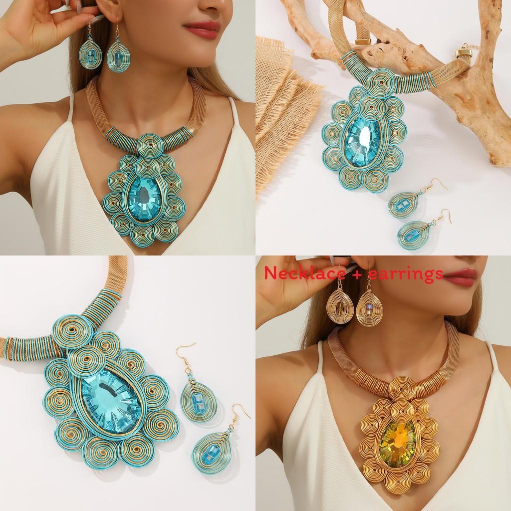 Set di Gioielli Con Cristallo Filo di Alluminio Lavorato a Mano Collana Larga e Orecchini Per Donna