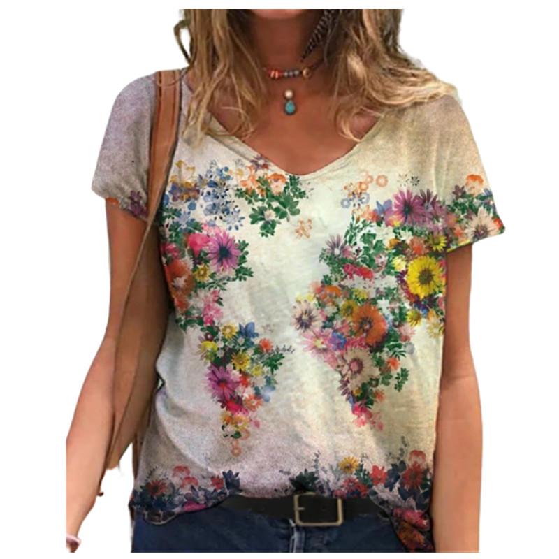 Women's Summer Trend Top Printed V-neck Fashion Short Sleeved T-shirt