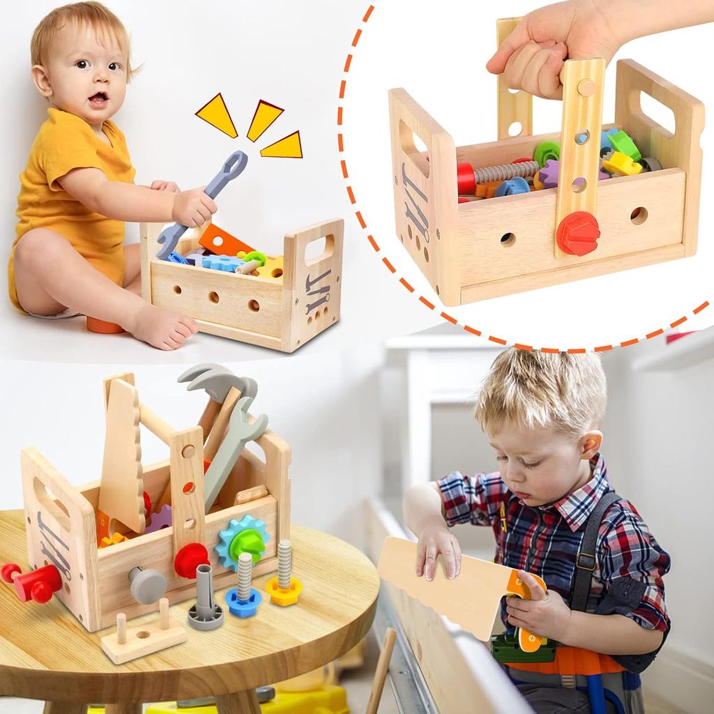 Wooden Tool Set Montessori Toys for 2 3 4 5 Year Old Boy, 29Pcs Stem Toys Toddler Educational Toys Age 2-3, Tool Bench Pretend Play Construction