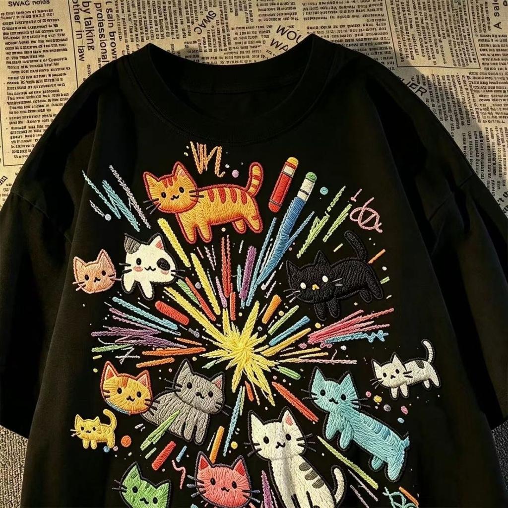 Y2K Clothing Fun and Cute Cat Print T-Shirt Sweet Aesthetic Anime Women's Loose Summer Trend