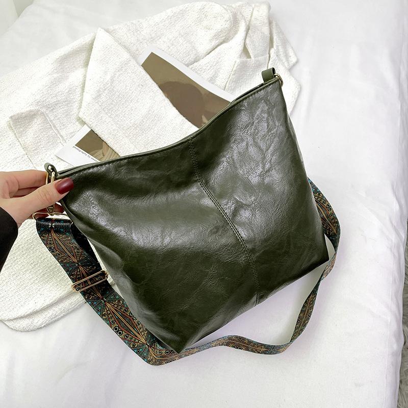 Wide Geometric Strap Shoulder Bag Large Capacity Crossbody Bags For Women Retro Pu Leather Women's Bag