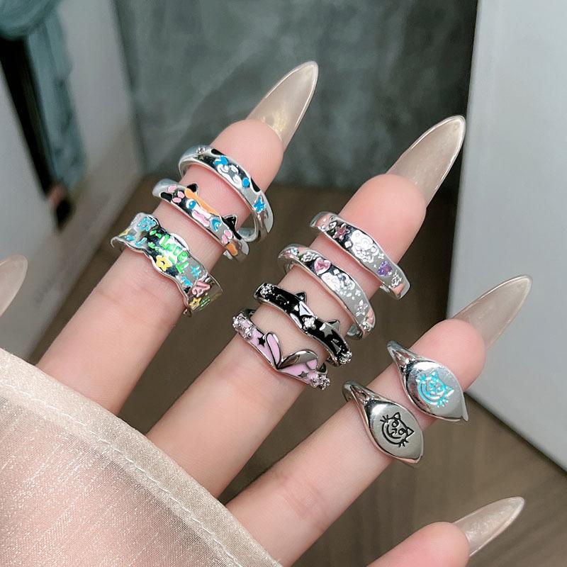 Creative pattern cute graffiti niche colorful cartoon open ring schoolgirl sweet versatile light luxury ring tide
