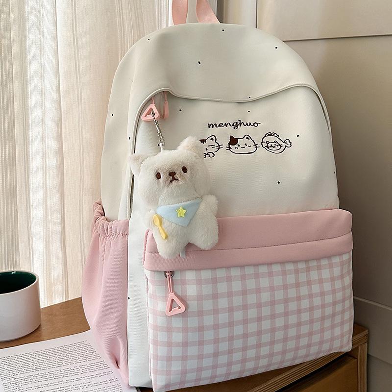 Schoolbag New Cute Cat Embroidered Backpack Female Middle and High School Students Large Capacity School Bag Campus Plaid Versatile Backpack