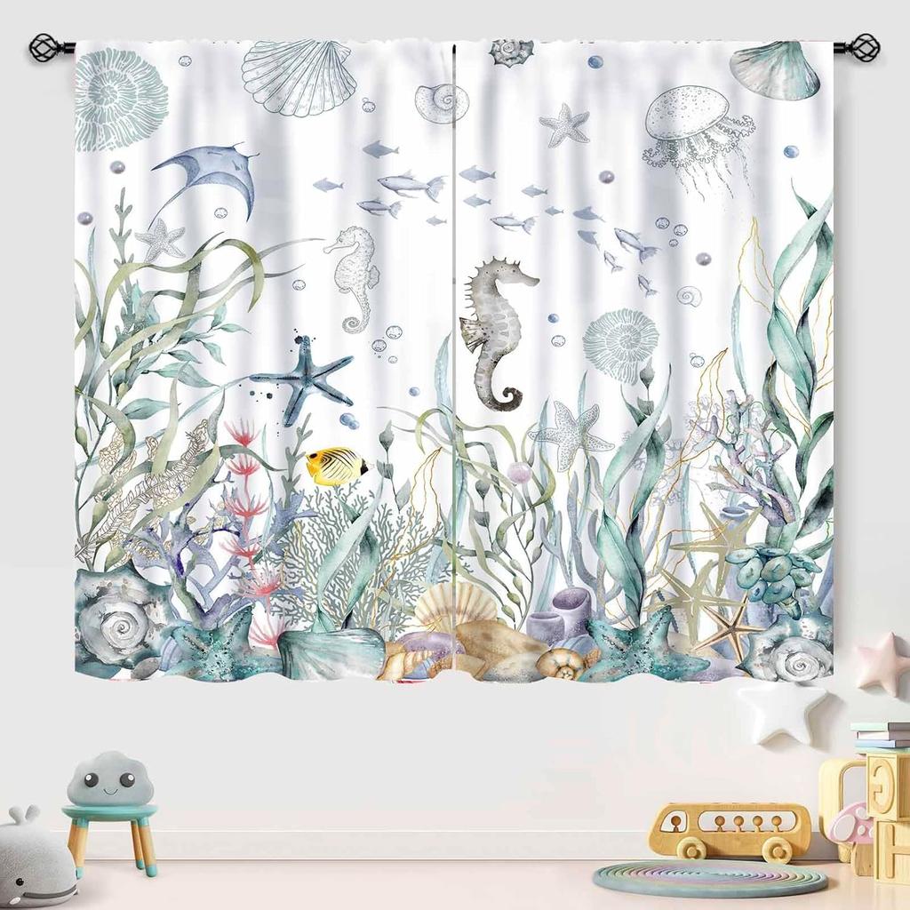 Watercolor Ocean Sea Life Seahorse Starfish Shell Print Window Curtain For Bathroom Bedroom Decor