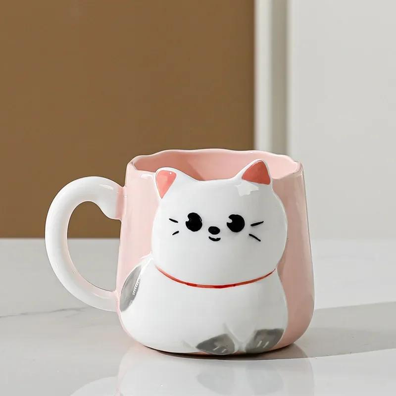 Cartoon 3D Embossed Ceramic Cup Cute Cat Coffee Milk Tea Breakfast Handle Cup Tableware Novelty Gift Home 400ml Mug