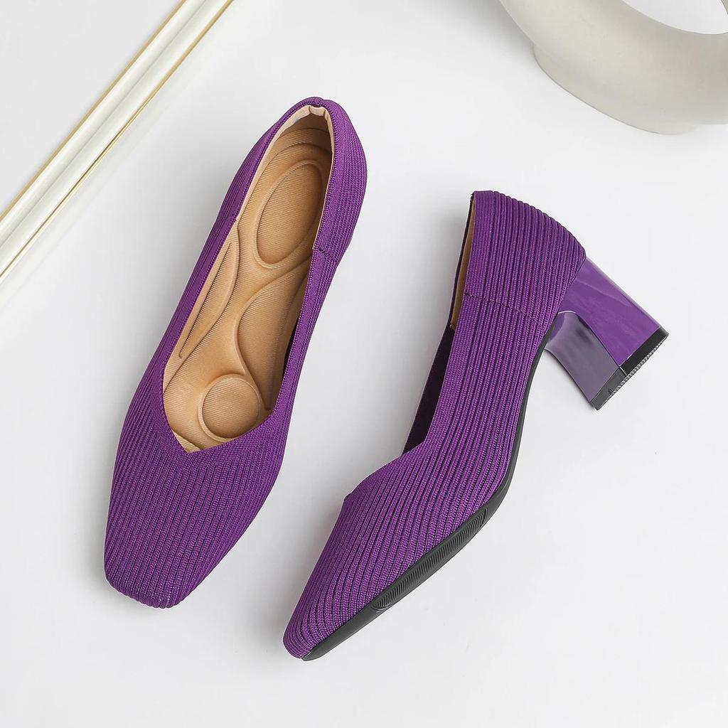 Buty Damskie Wysokie Obcasy Wygodne Kwadratowe Dzianinowe Oddychające Wygodne Damskie Baleriny (5 cm Wysoki) Kolekcja 2025
