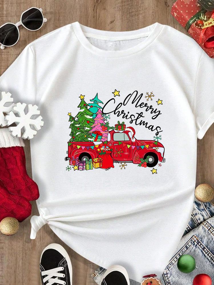 (Asian Size) Tee Merry Christmas New Year Holiday Top festival Casual Women cartoon trend cute Print Lady Short Sleeve Fashion Graphic T-shirts