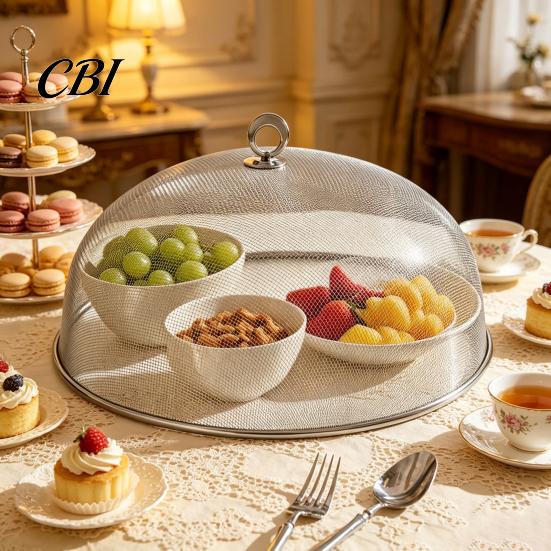 Protective Food Mesh Screen for Fruit Stainless Steel Cover with Handle, Round Portable Sturdy Metal Snacks Protector, Durable Guard Dishes