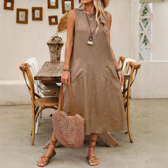 Women's Sleeveless Long Dress Casual Crew Neck Maxi Dress Summer Beach Vacation Shift Sundress with Pockets