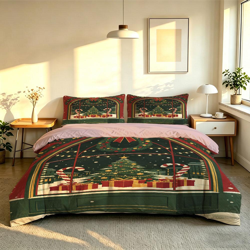 Christmas Duvet Cover Set 3Pcs Xmas Tree Gift Candy Cane Window Print Soft Microfiber Bedding with Pillowcases