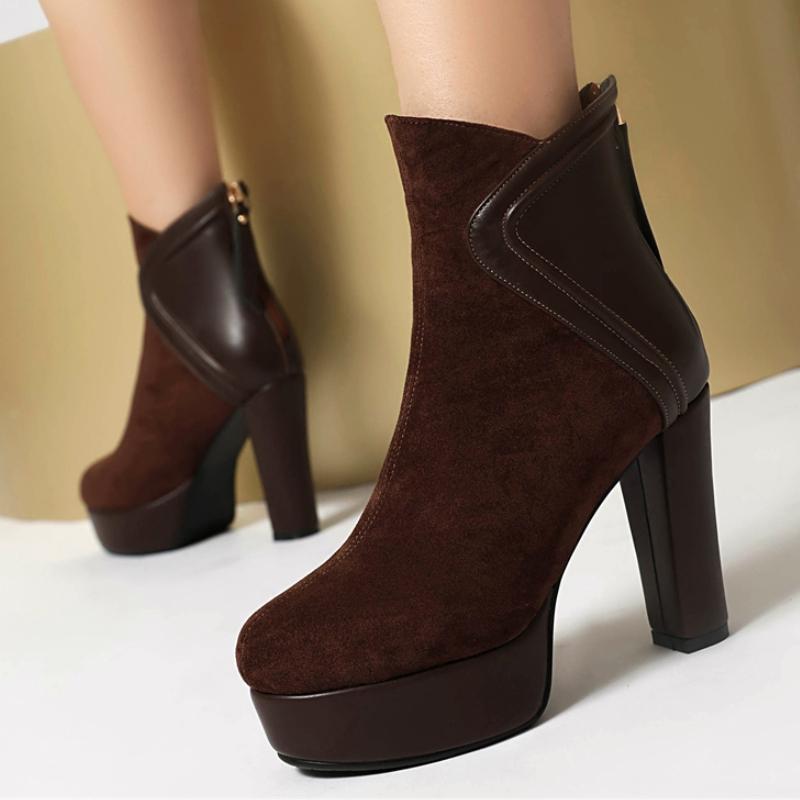 Černé kotníkové boty pro ženy Platforma Zimní boty Semišové krátké boty Vysoké podpatky Společenské taneční boty Dámská značka Velká velikost Obuv