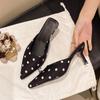 New Vintage Polka Dot Pointed Toe Mules Ladies Kitten Heel Satin Comfy Casual Daily Shoes For Women Summer Fashion Heeled Sandal