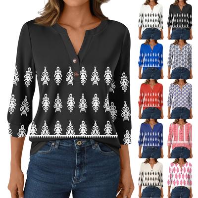 Women's Fashion Casual 3/4 Sleeve T-Shirt Prints V-Neck Button Top