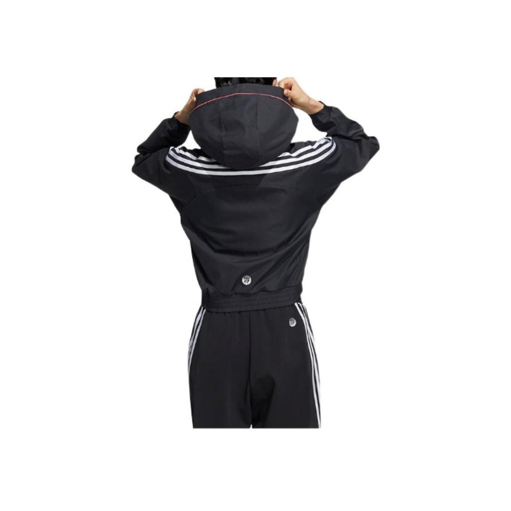 adidas Logo Buchstaben Print Drei Streifen Kapuzenpullover Damen Jacken Schwarz HI6825