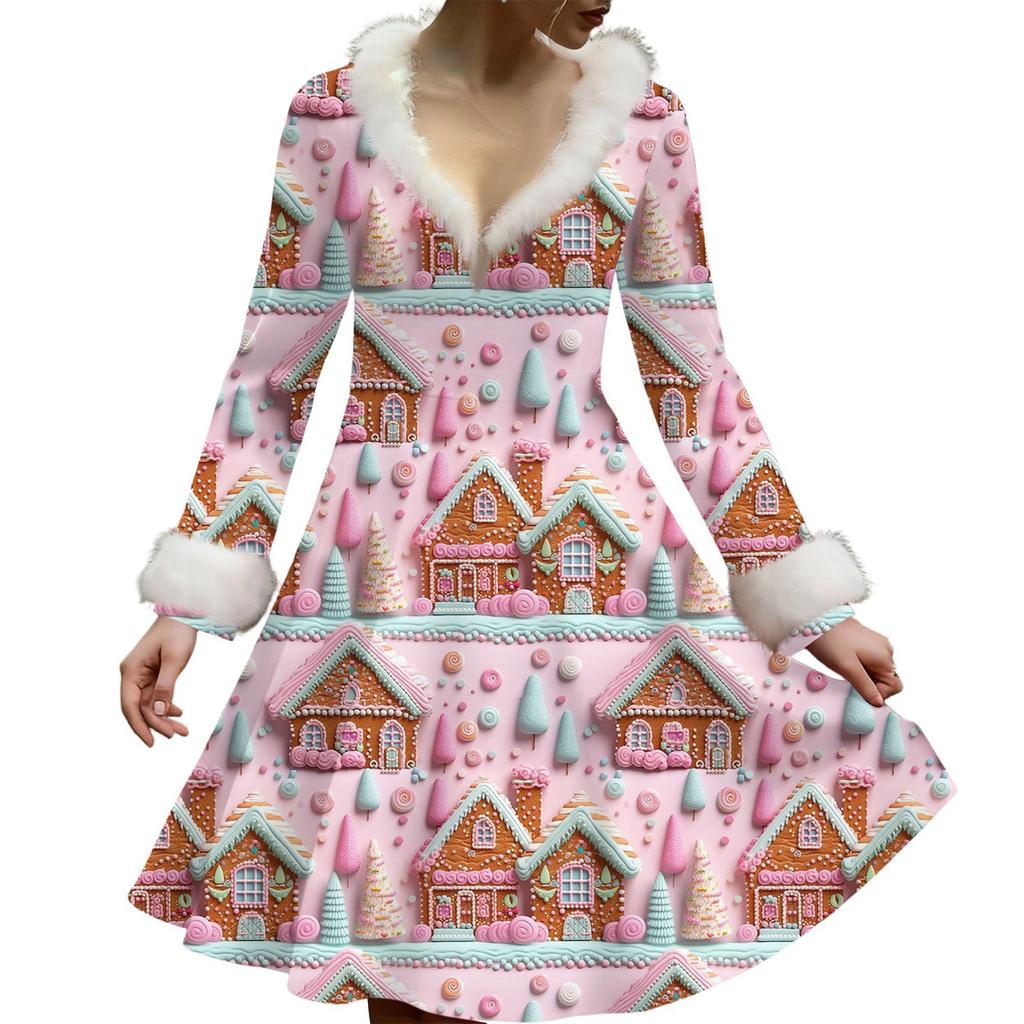 Women's Casual V-neck Christmas Print Plush Long-Sleeve Casual Dress