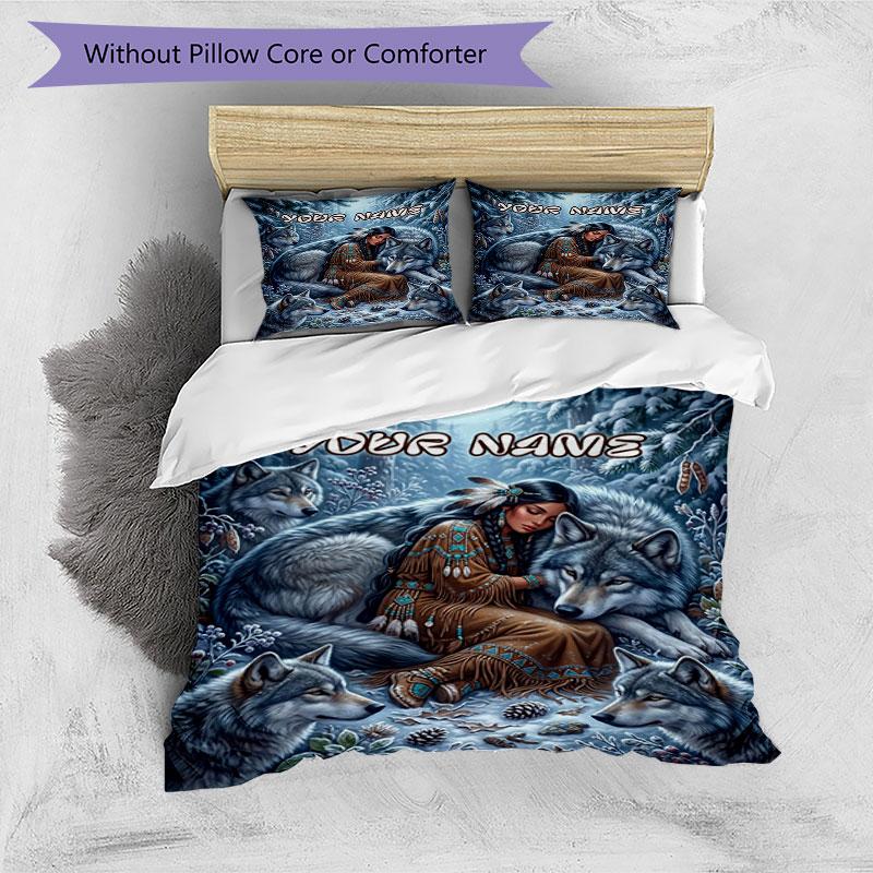 3PC Custom Name Wolf Spirit Connection Bedding Set Duvet Cover Closure Includes 1 Duvet Cover & 2 Pillowcases for Bedroom