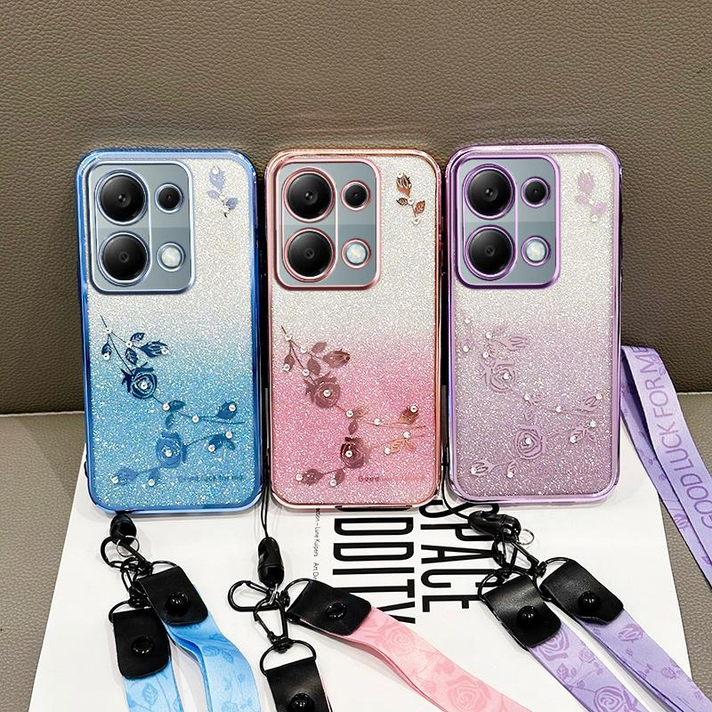 KADEM Phone Case For Xiaomi Redmi Note 13 Pro 4G/Note 14S 4G/Poco M6 Pro 4G,Flower Pattern TPU Gradient Cover with Lanyards