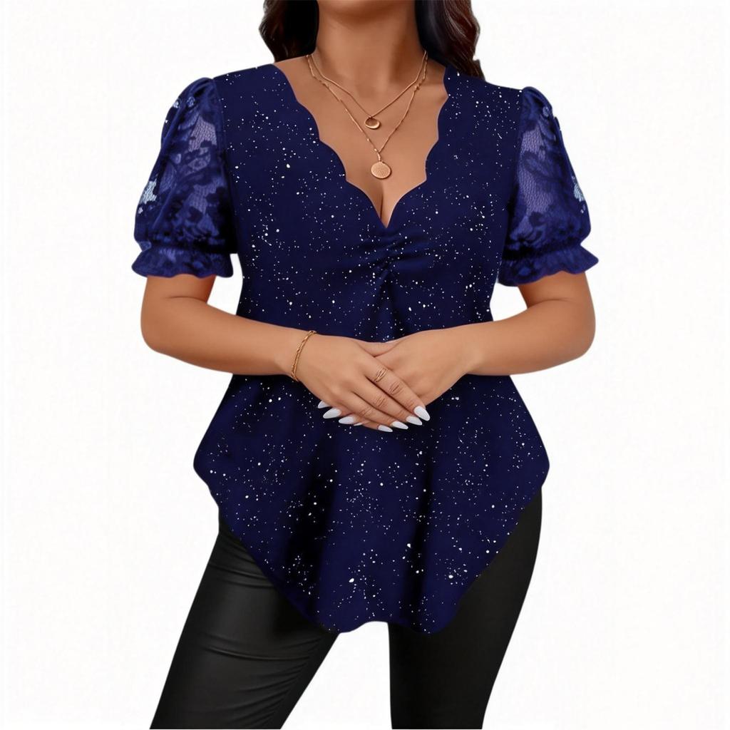 Women's Fashion Casual Lace Trim V Neck Plus Size Short Sleeve Top