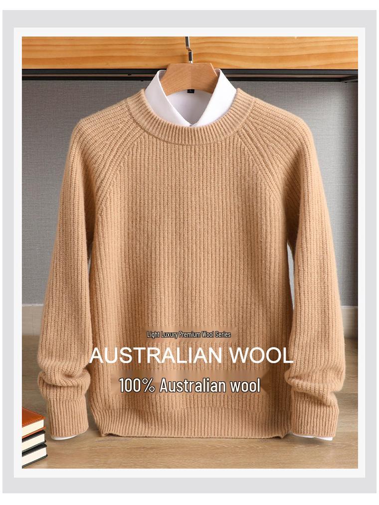 Men's Plus Size Crew Neck Wool Sweater - Autumn/Winter, Fine Stripe Raglan Sleeve, Loose Fit