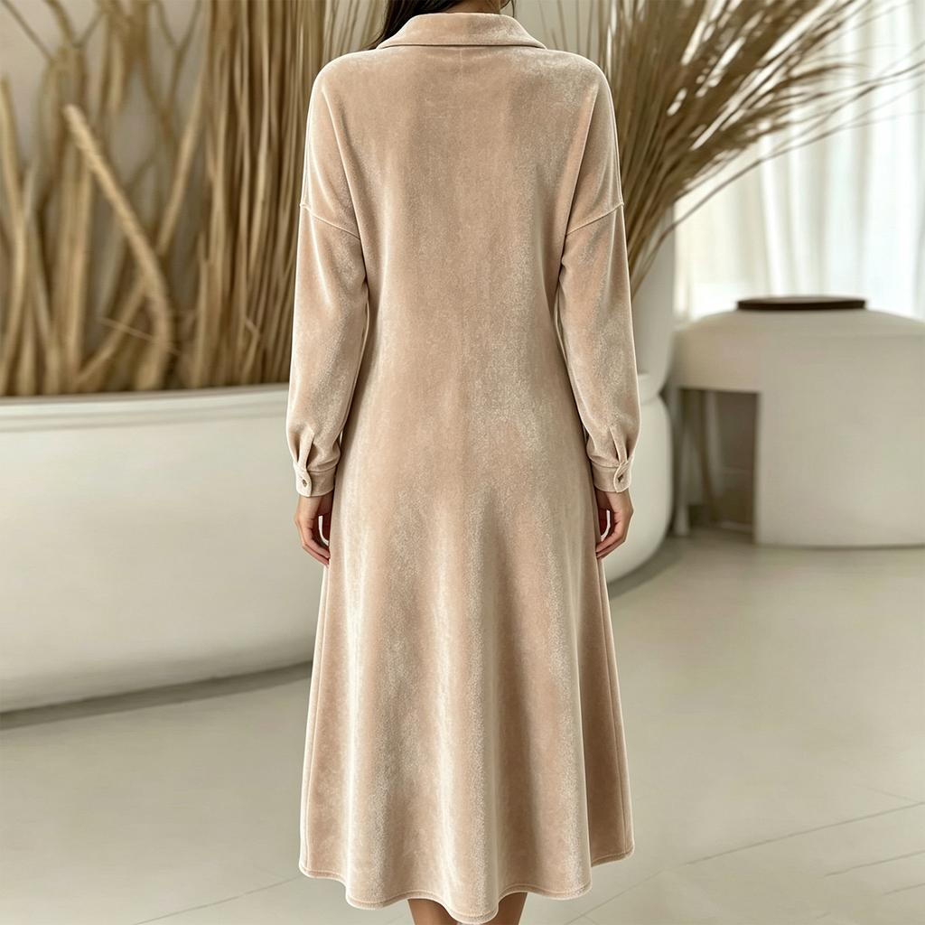 Women's Velvet Dress V-Neck Color Casual Fashion Dress for Daily Wear and Parties