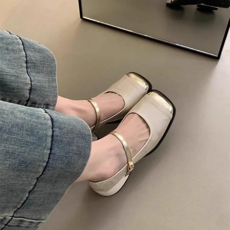 Fashion French Style Block Color Women's Shoes 2024 Spring Autumn New Flat High Heel Shoes Comfortable Commuting Not Tired Feet