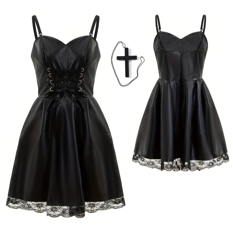 Damen Japanisches Anime Cosplay Misa Amane Kleid mit Spitzenbesatz Gothic Stil Kostüm Kunstleder Sexy Kleid Halloween
