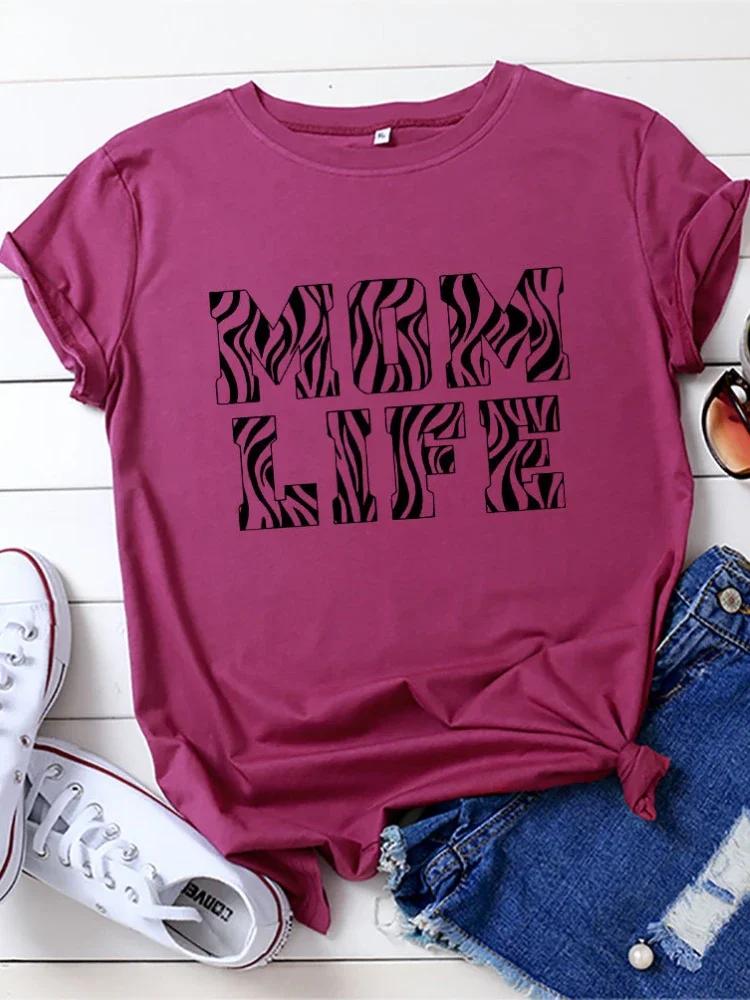 Zebra Stripes MOM LIFE Letter Print T Shirt Women Short Sleeve O Neck Loose Tshirt Summer Women Tee Shirt Tops Camisetas Mujer