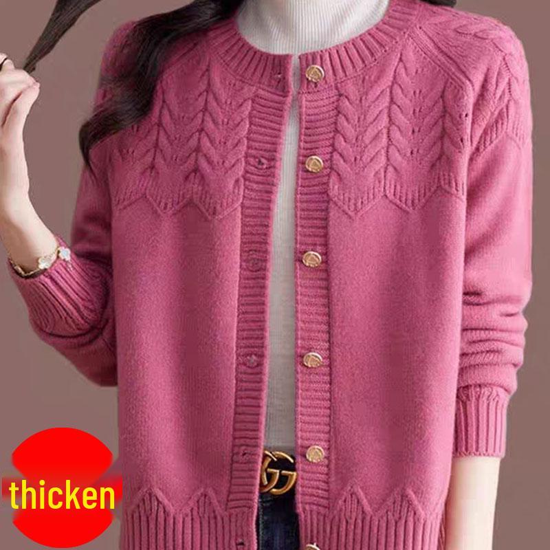 Women's Jacquard Knit Red Sweater Coat - Autumn 2025 Loose Round Neck Cardigan