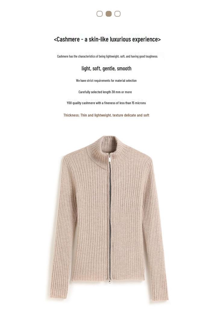 Women's Korean Style Cashmere Stand Collar Zipper Cardigan - Striped Slimming Knitwear for Autumn Winter