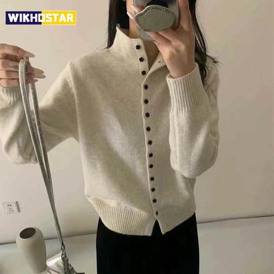 Neuer Weicher Bequemer Pullover Cardigan mit Stehkragen Damen Einfache Einreiher Cardigans Mantel Herbst Einfarbig Gestrickte Oberbekleidung