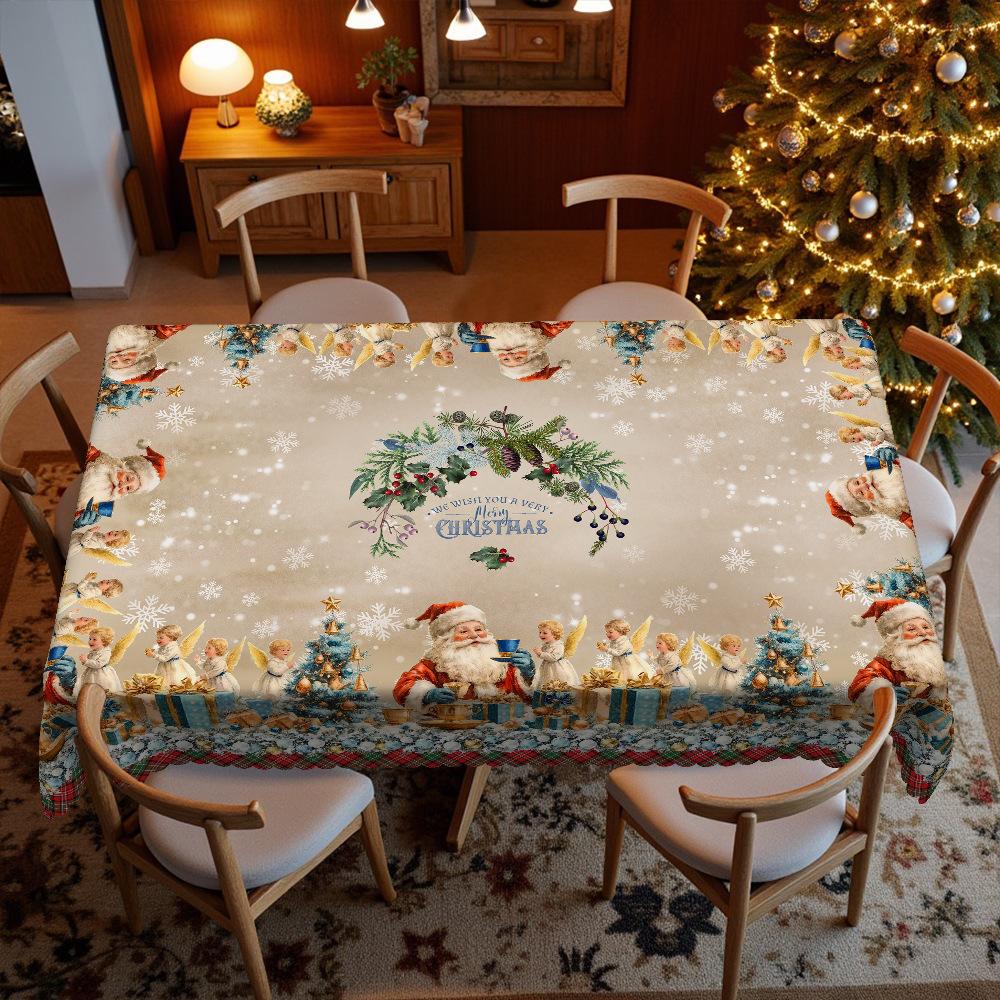 Christmas Theme, Round/Rectangular Table Cloth, Blue Santa Angel Snow Castle, Table Cloth