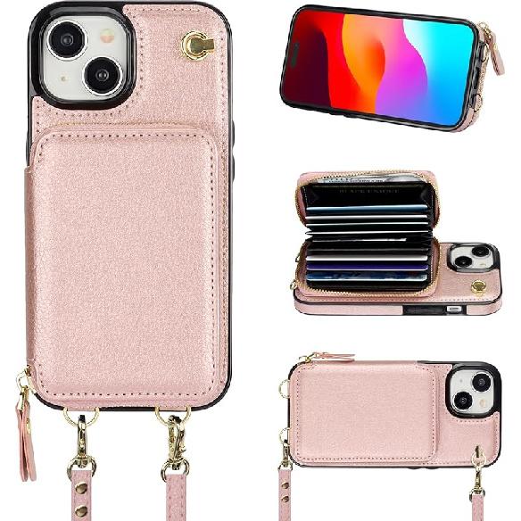 Bocasal Crossbody Wallet Case for iPhone 15, RFID Blocking Leather Purse Case with Card Holder, Protective Handbag Flip Cover with Zipper Wrist Strap розового золота