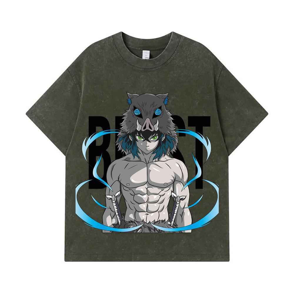 

275 GSM Washed T-shirts 100% Cotton Demon Slayer V113 Inosuke Print Unisex Heavy Cotton T Shirt S армия зеленый