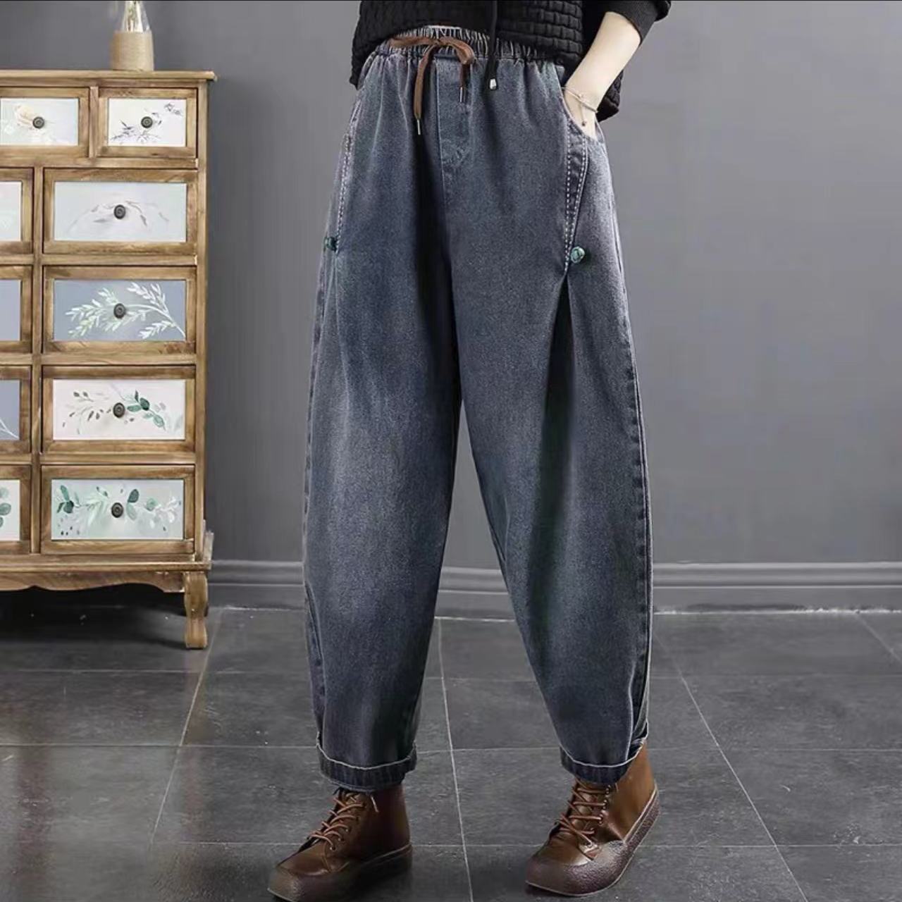 

Женские джинсы брюки осенние эластичный пояс плюс свободный крой брюки Харлан повседневные брюки 3XL