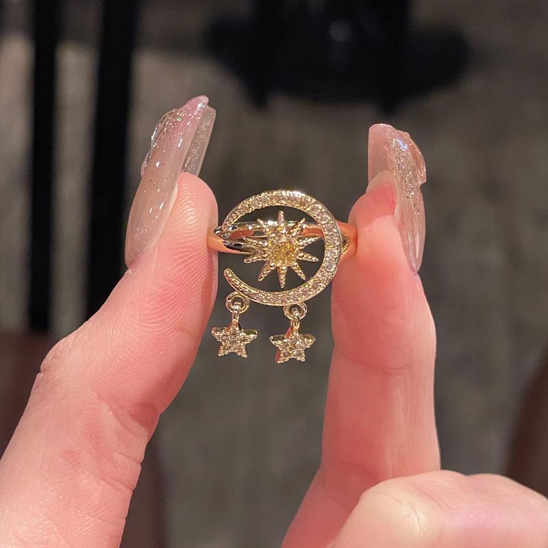 Medieval Small Fragrant Style French Retro Star Full Diamond Tassel Open Ring Niche Design Light Luxury High-End Accessories