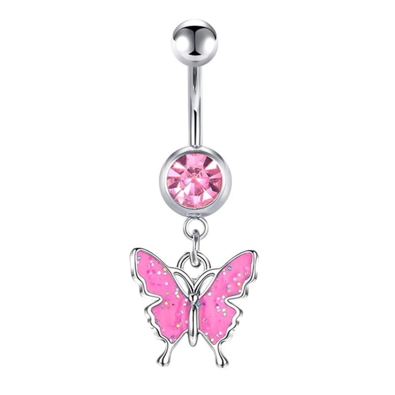 Stainless Steel Pink Dot Drill Navel Ring Nail Butterfly Zircon Simple Navel Buckle Piercing Ornament