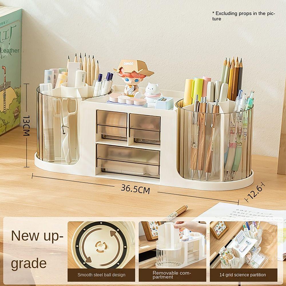 Double Rotation Drawer Pen Holder Desk Stationery Storage Pencil Container Students