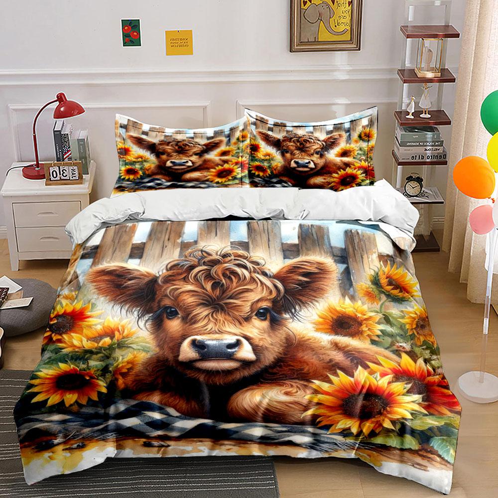 """Hochlandkuh mit Sonnenblumen" Bettwäsche Bettbezug-Set Bettbezug Kissenbezüge""" (1 * Bettbezug 2 * Kissenbezüge, ohne Bettdecke)