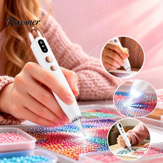 Faux Diamond Art Accessories Electric Rhinestone Pen, Pen with Light, 2 Smart Suction Levels, Rechargeable Wireless Vaccum for Adults DIY Crafting