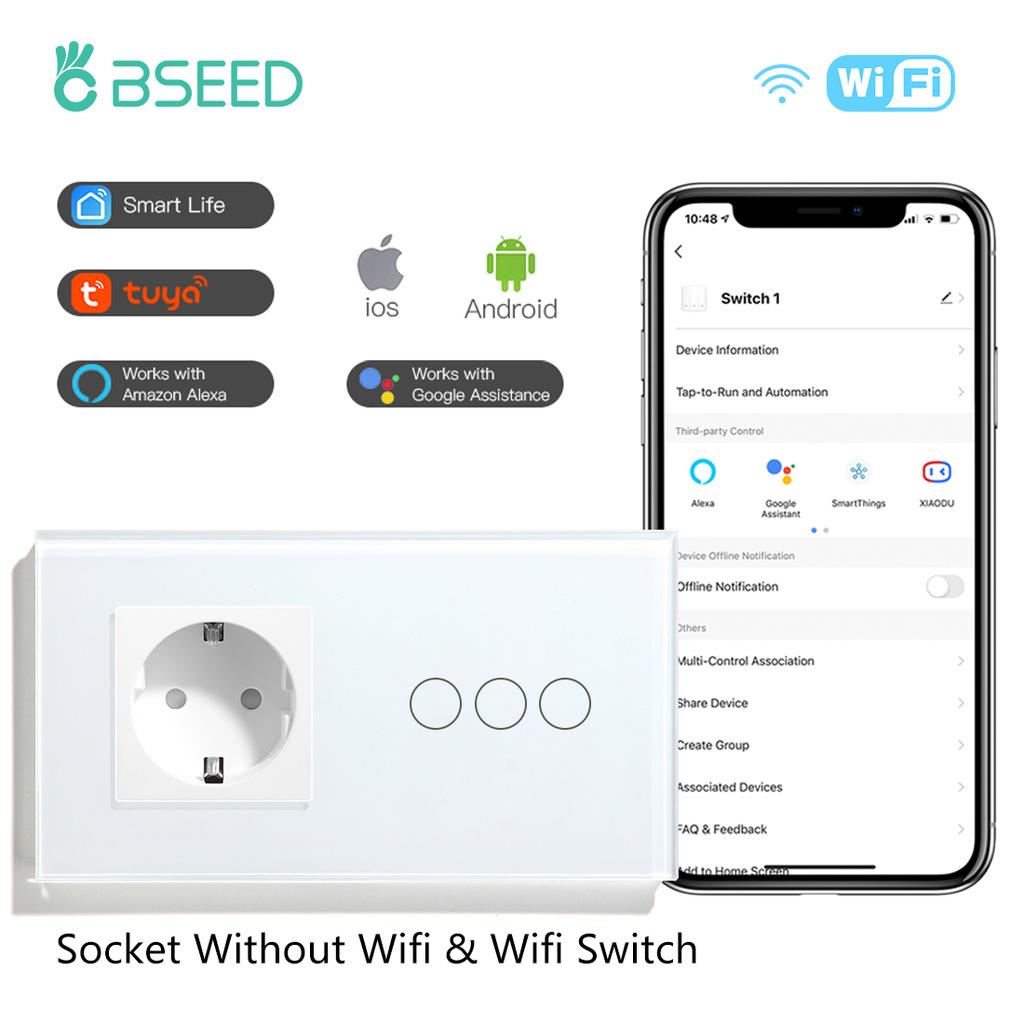 BSEED  Wifi 1/2/3Gang Smart Touch Switches 1/2/3Way Wall Light Switches Tuya Smart Life App Control Plus Sockets EU Standard