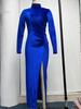 2023 European & American Style High Neck Velvet Long Dress with Slim Fit, Ruched Detailing & Slit - Autumn/Winter Women’s Fashion